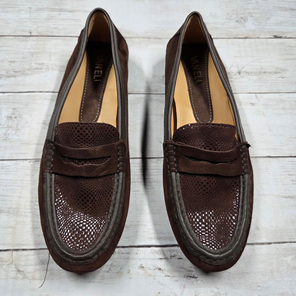 Vaneli Brown Suede Penny Loafer Womens 8.5M Chocolate Driving Mocs Metallic Trim